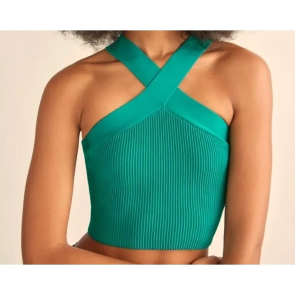 Green Ribbed Halter Crop Top Womens M Cross Front Festival Summer
